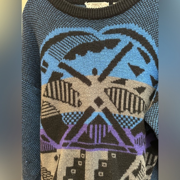 VTG 80s Saturdays Grunge Rad Geometric Unisex Pattern Purple Black Gray Sweater - Picture 10 of 12